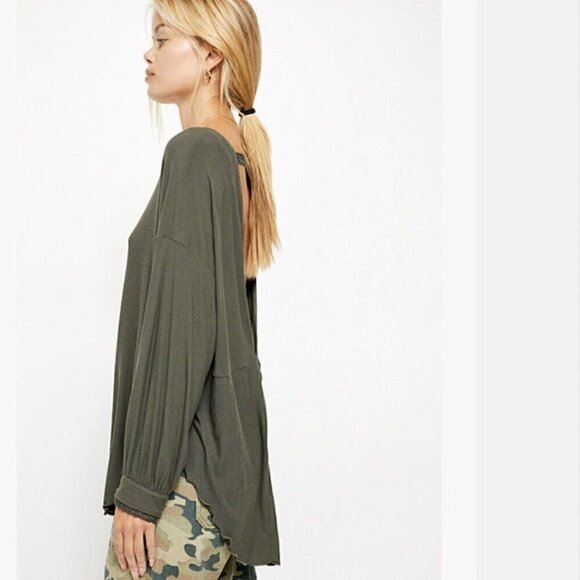 Free People Shimmy Shake Top XS Low Open Back Army Green Slouchy Dolman Boho - Picture 11 of 13